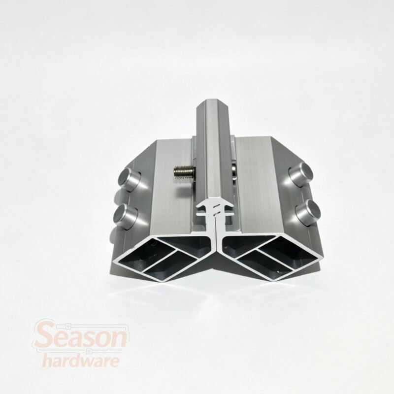 Top view of heavy-duty aluminum window profile split corner joint showing internal hollow chambers and precision alignment